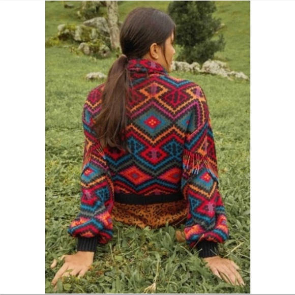 FARM RIO Rauti Turtleneck Sweater, Beaded Tassel Aztec Multi Colored Fringe, XS - Picture 4 of 7